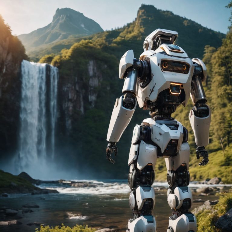 Green AI in front of a waterfall